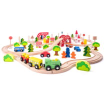 Jucarie din lemn – Set tren cu pod si bariera (90 piese)