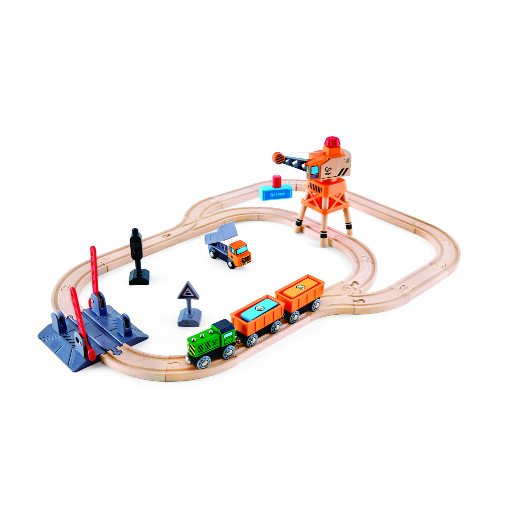 Jucarie din lemn – Set tren de marfa cu macara (34 piese)