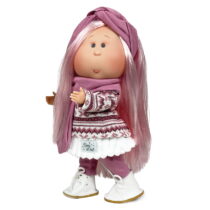 Papusa Nines D’Onil, Mia, cu parul roz si bentita, cu articulatii, cu miros de vanilie, 30 cm