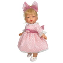 Papusa Nines D’Onil, Celia, cu parul blond, cu rochie roz plumeti, cu miros de vanilie, 45 cm