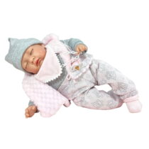 Papusa Nines D’Onil, Snow, nou-nascut, cu sunete, cu ochii inchisi, ambalata in cutie, cu miros de vanilie, 45 cm