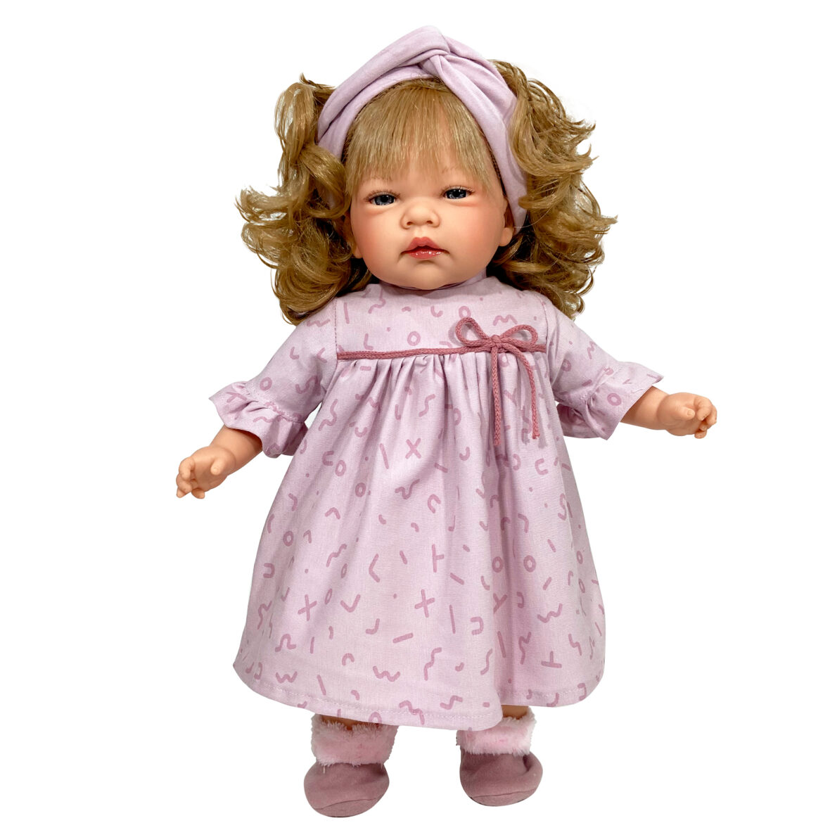Papusa Nines D’Onil, Celia, cu parul blond, cu rochie roz, cu miros de vanilie, 45 cm