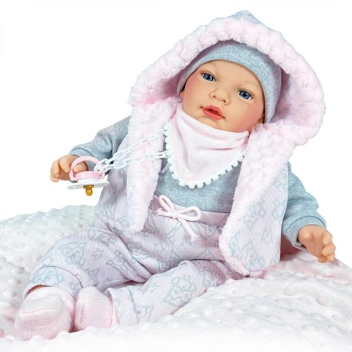 Papusa Nines D’Onil, Snow, nou-nascut, cu sunete, cu miros de vanilie, ambalata in saculet, 45 cm