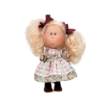 Papusa Nines D’Onil, Mia, cu parul blond si funde rosii, cu articulatii, cu miros de vanilie, 30 cm