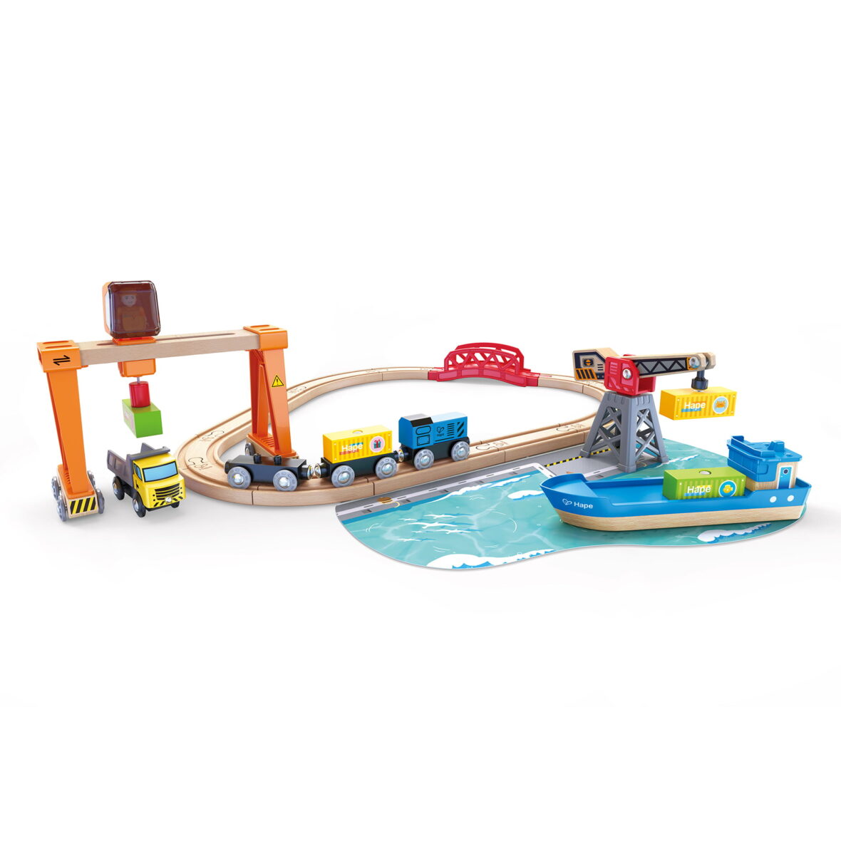 Set de jucarie din lemn – port cu trenuri, vapoare si camioane