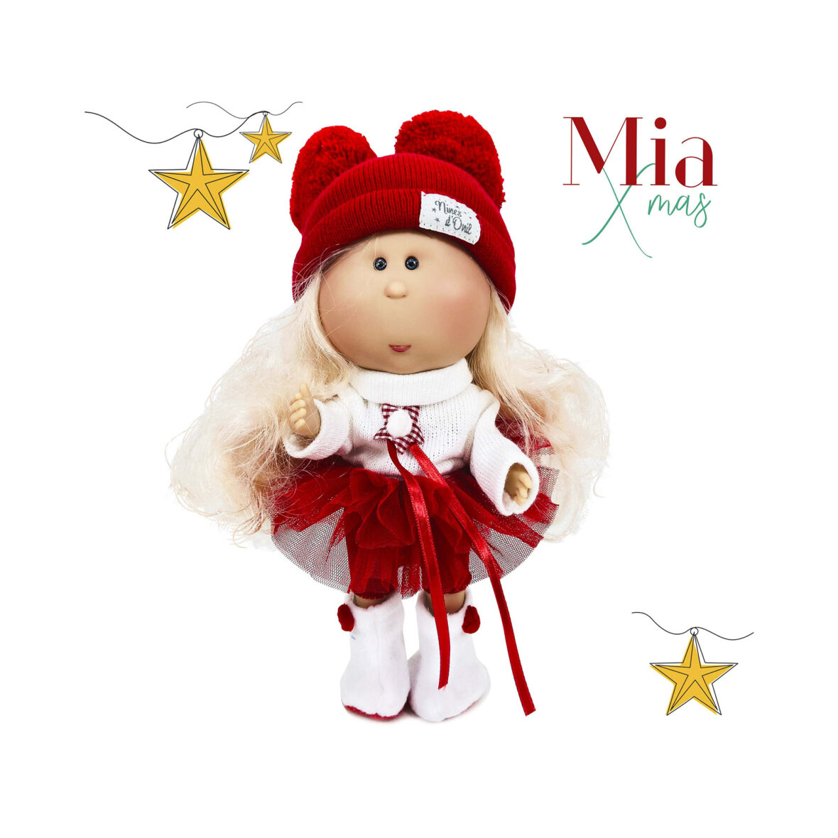 Papusa Nines D’Onil, Mia Craciun, cu parul blond, cu miros de vanilie, 30 cm