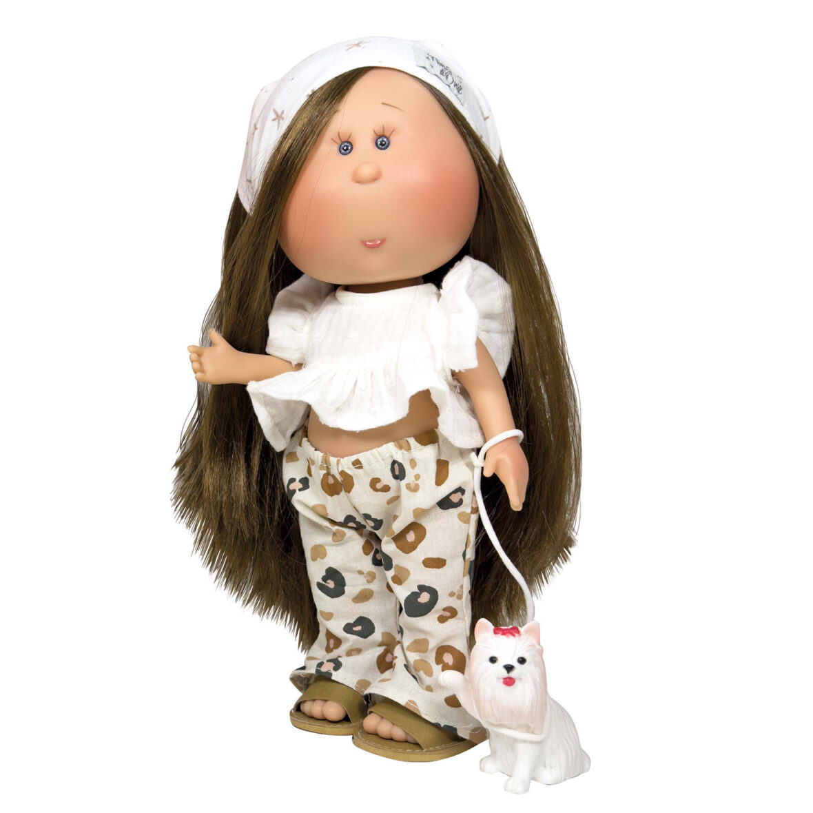 Papusa Nines D’Onil, Mia, cu parul saten drept, cu catel, cu articulatii, cu miros de vanilie, 30 cm