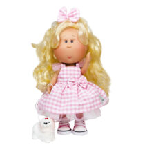 Papusa Nines D’Onil, Mia, cu parul blond, cu catel, cu articulatii, cu miros de vanilie, 30 cm