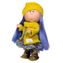 Papusa Nines D’Onil, Mia, cu parul albastru, cu articulatii, cu miros de vanilie, 30 cm