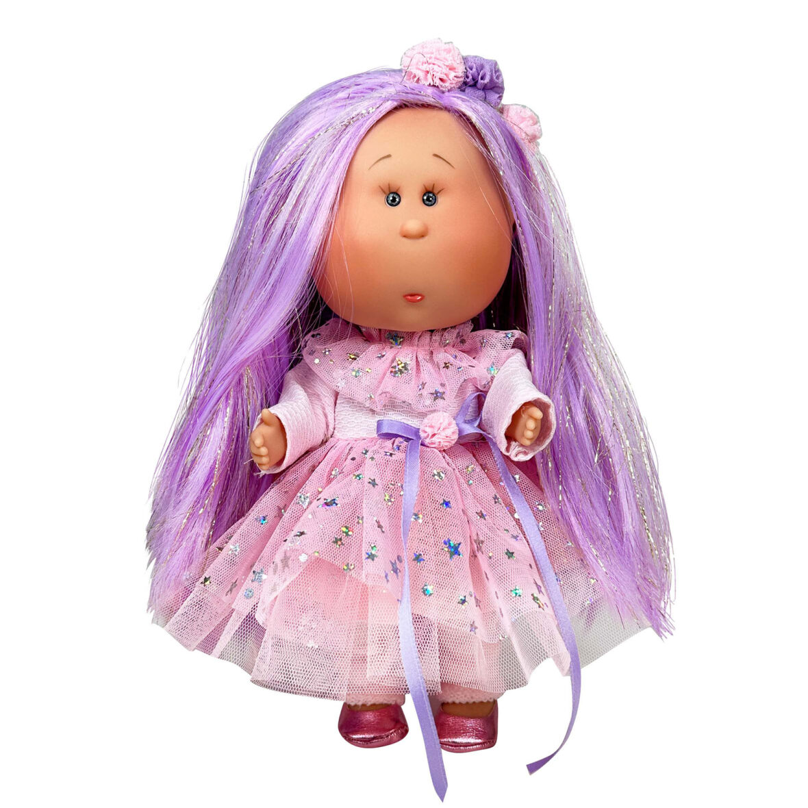 Papusa Nines D’Onil, Mia, cu parul mov, cu sclipici, cu articulatii, cu miros de vanilie, 30 cm