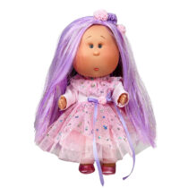 Papusa Nines D’Onil, Mia, cu parul mov, cu sclipici, cu articulatii, cu miros de vanilie, 30 cm