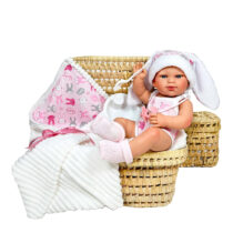 Papusa Nines D’Onil, Little Bunny, bebelus RN, cu hainute roz, cu paturica, cu miros de vanilie, 37 cm