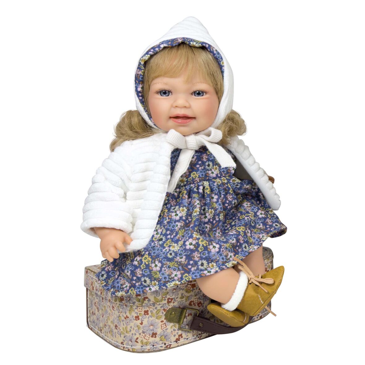 Papusa Nines D’Onil, Little Susi, cu sunete, cu parul blond, cu palton alb, cu miros de vanilie, 40 cm