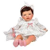 Papusa Nines D’Onil, Celia Liberty, cu sunete, cu parul saten, cu rochie alba, cu miros de vanilie, 45 cm