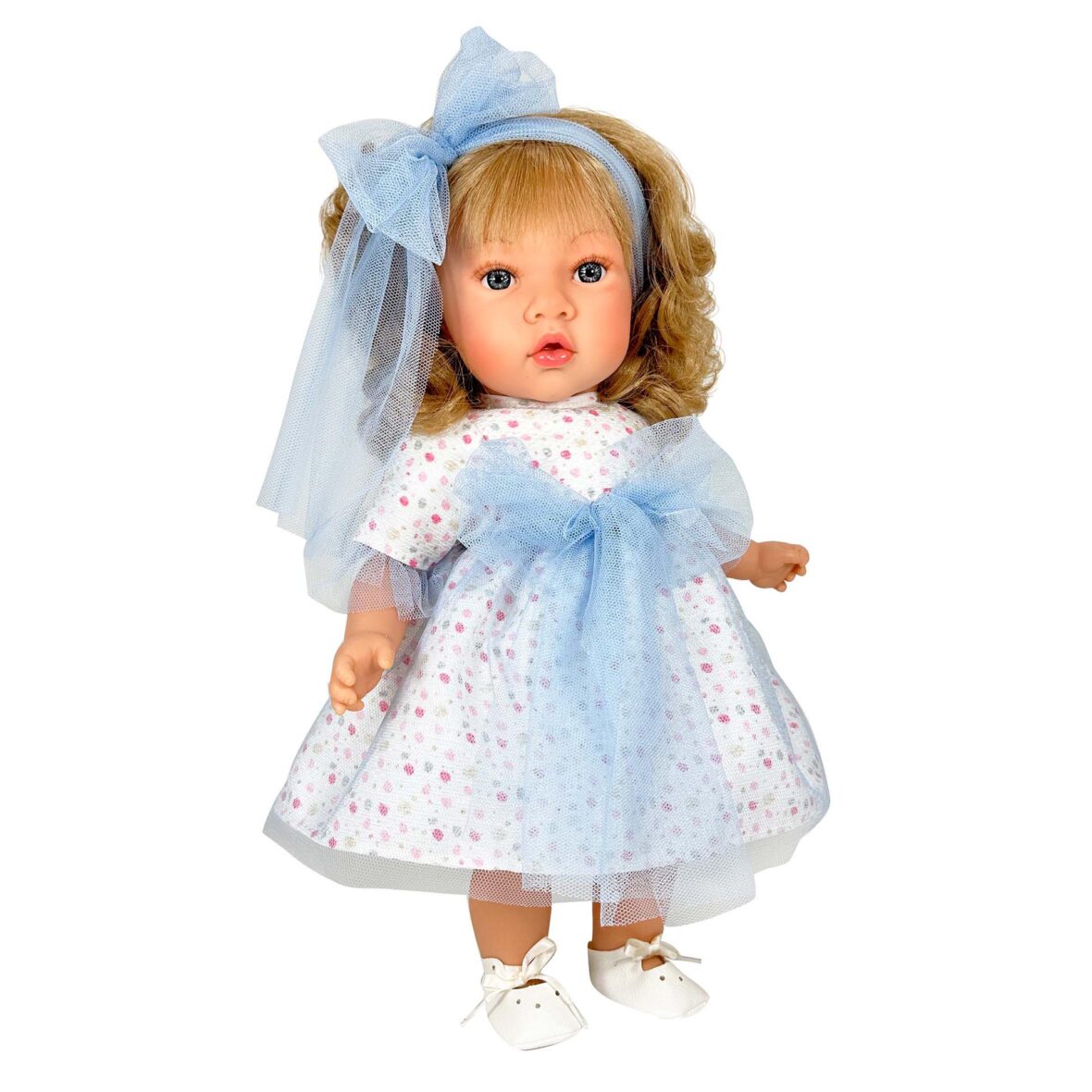 Papusa Nines D’Onil, Susette Tul, cu parul blond, cu sunete, cu funda albastra, cu miros de vanilie, 45 cm