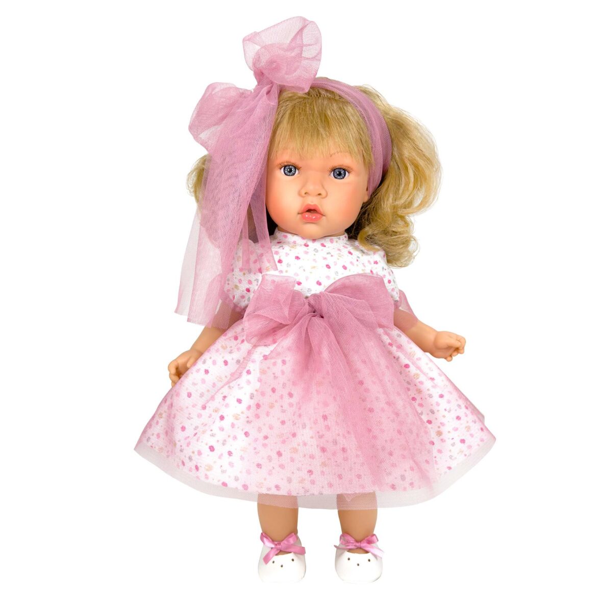 Papusa Nines D’Onil, Susette Tul, cu parul blond, cu sunete, cu funda roz, cu miros de vanilie, 45 cm