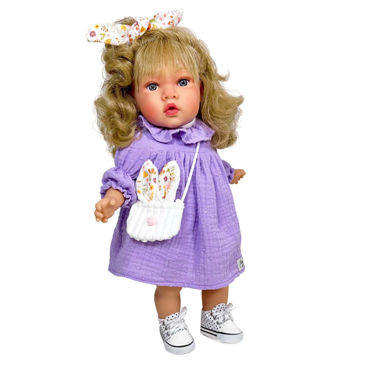 Papusa Nines D’Onil, Susette Plumeti, cu parul blond, cu sunete, cu rochie mov, cu miros de vanilie, 45 cm