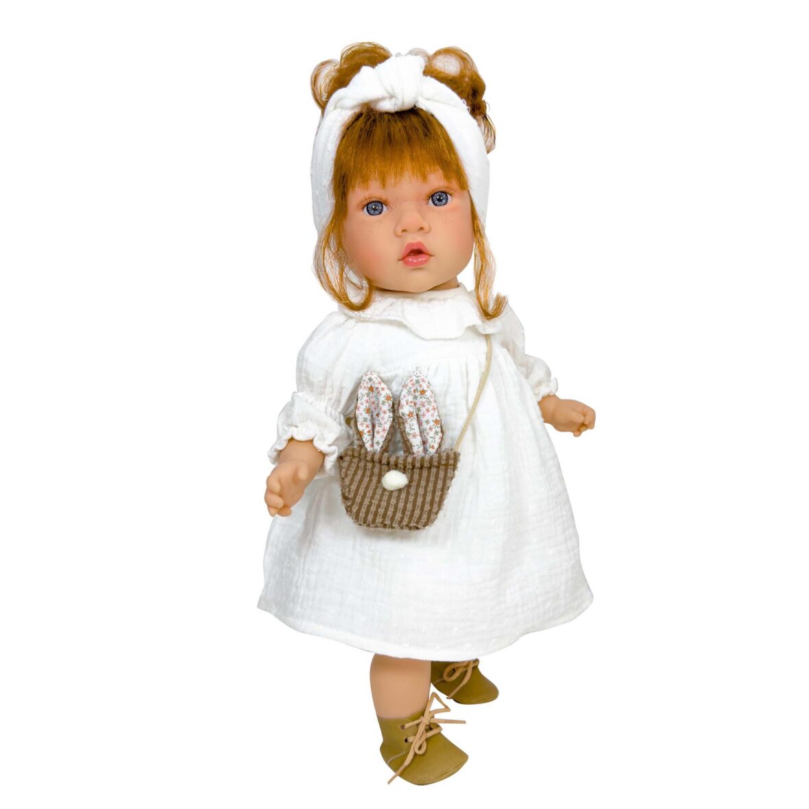 Papusa Nines D’Onil, Susette Plumeti, cu parul roscat, cu sunete, cu rochie alba, cu miros de vanilie, 45 cm
