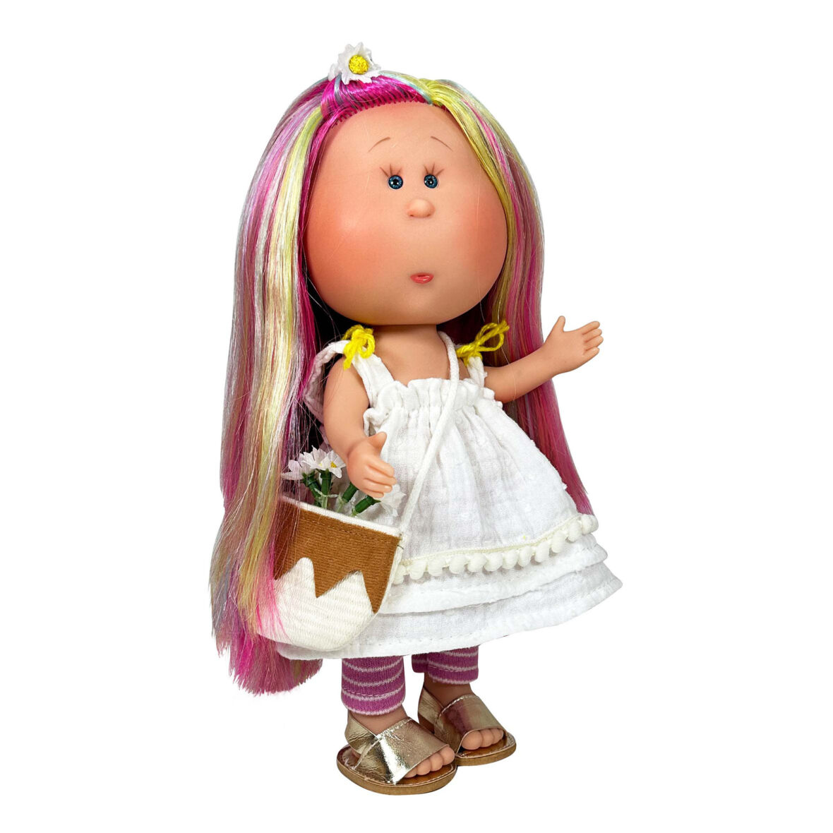 Papusa Nines D’Onil, Colectia Little Mia, cu parul curcubeu, 23 cm