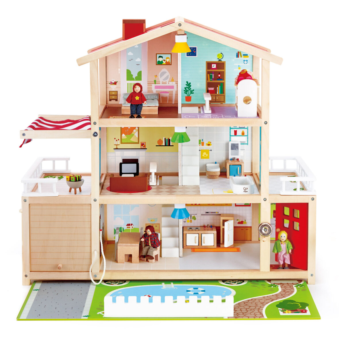 Jucarie din  lemn – Casa de papusi mobilata tip vila (29 piese)