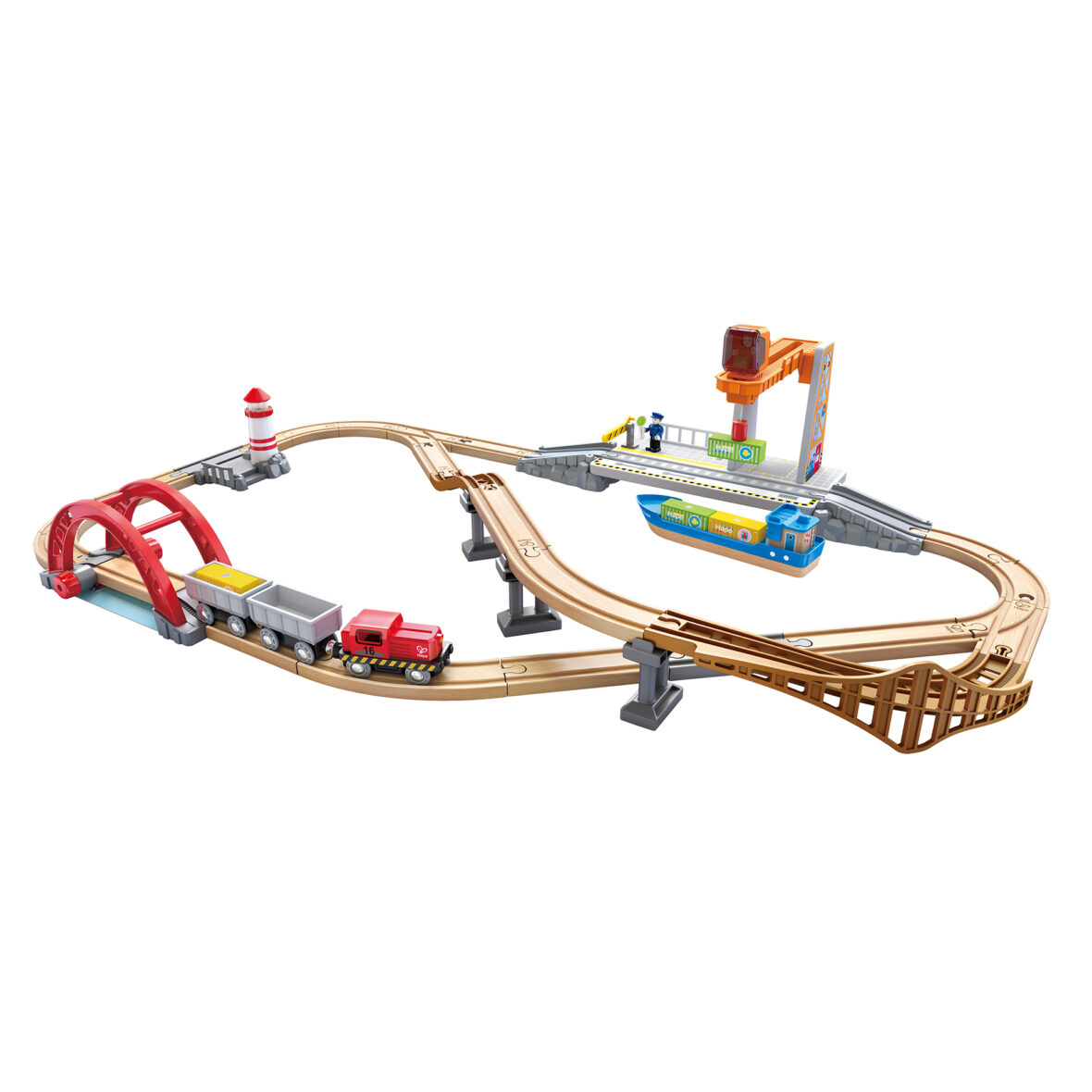 Jucarie din lemn – Set de transport maritim si feroviar (38 piese)