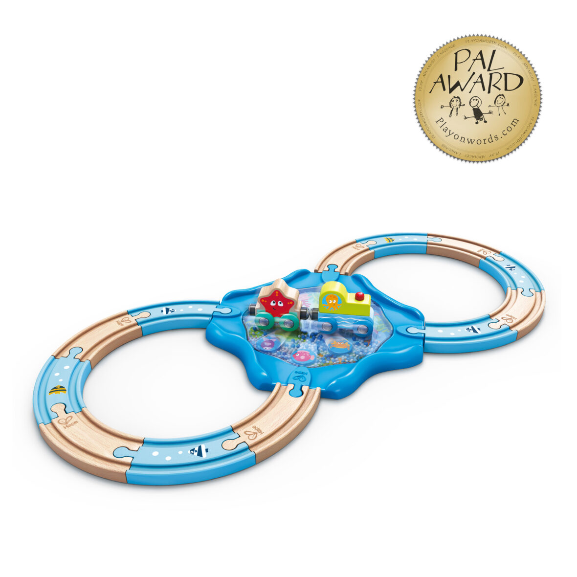 Jucarie din lemn – Tren de jucarie cu animale marine (15 piese)
