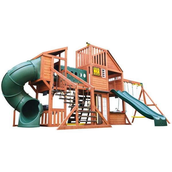 Complex de joaca din lemn Odyssey cu 3 tobogane si leagane 2 in 1 Kidkraft Complex de joaca din lemn Odyssey cu 3 tobogane si leagane 2 in 1 Kidkraft