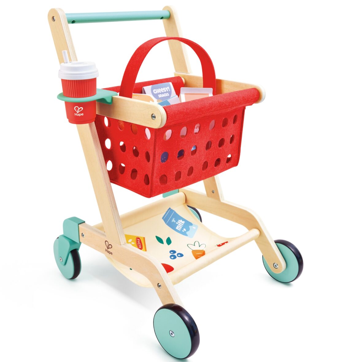 Jucarie din lemn – Carucior rosu de cumparaturi (10 piese)